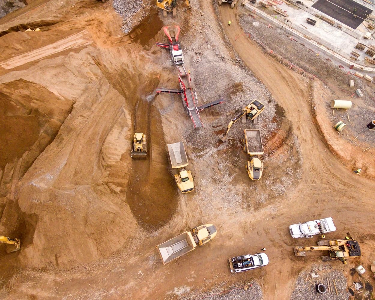 Aerial view of earthmoving plant on a construction site