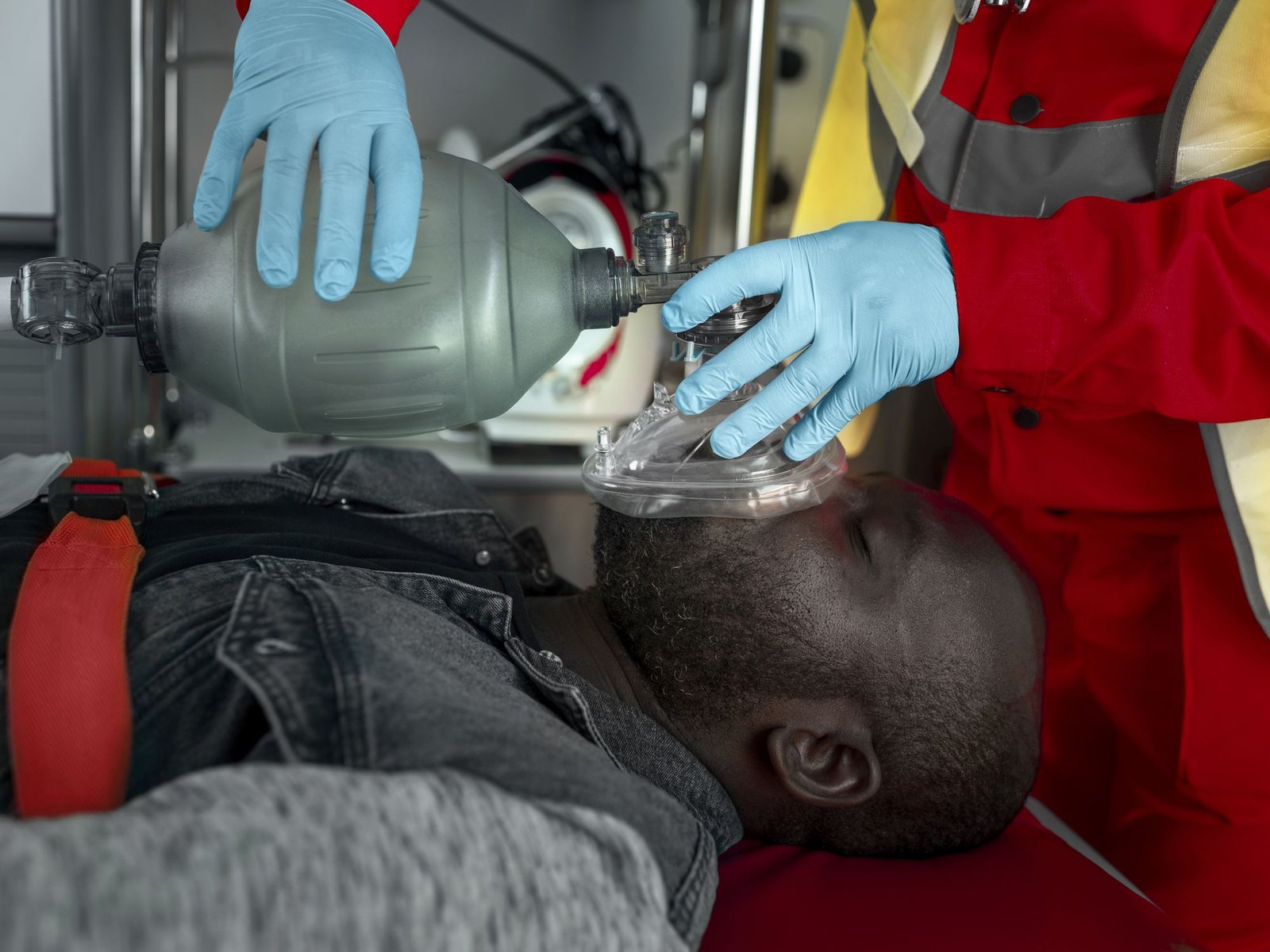 A paramedic ventilating a patient with a bag-valve mask inside an ambulance